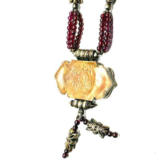 28" Vintage Tibetan Garnet Prayer Box Necklace—Gilt Gau with Multi-Strand Beads - Picture 2 of 14
